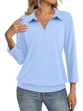 Women's Light Blue V Neck Banded Bottom 3/4 Sleeve Shirt Collared Casual Blouses